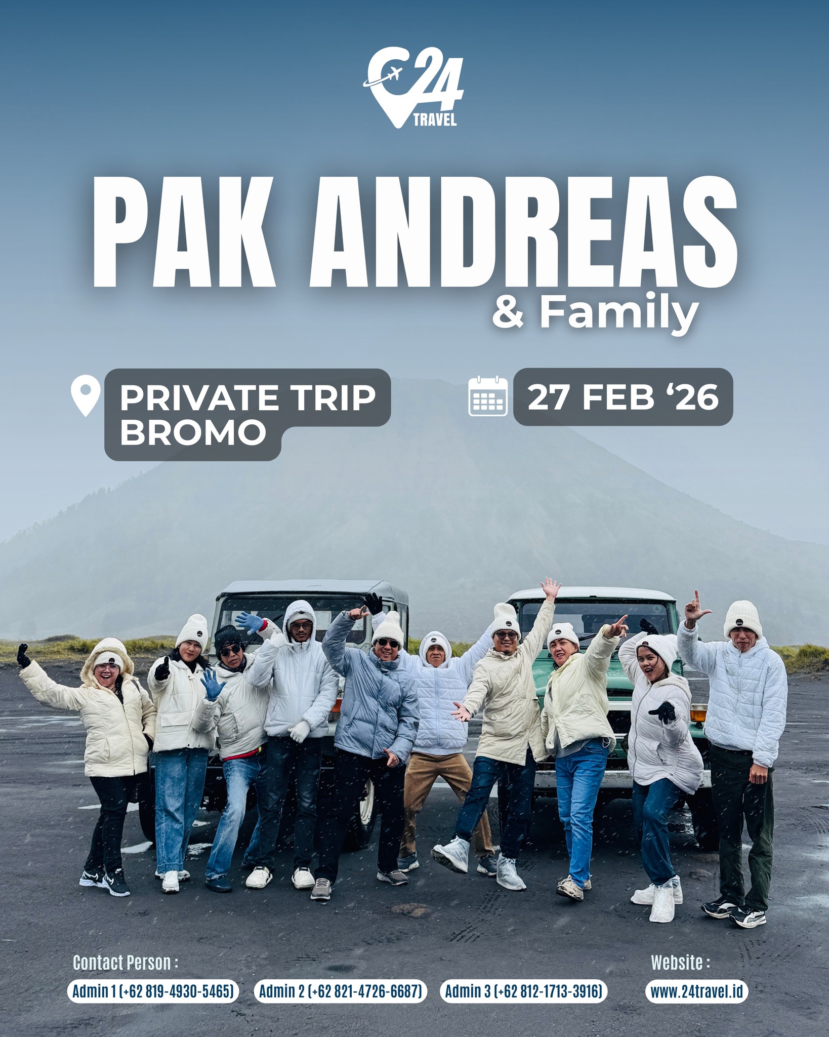 Perjalanan singkat kadang justru memberi kesan paling lama.
Bromo menyambut dengan udara dingin dan suasana yang menenangkan.
Yuk, luangkan waktu untuk menikmati perjalanan sederhana yang bikin hati adem.Info promo & konsultasi klik link bio 👉 @24travel.id#24travel #semuabisaliburan #paketwisatabromo #tripbromo