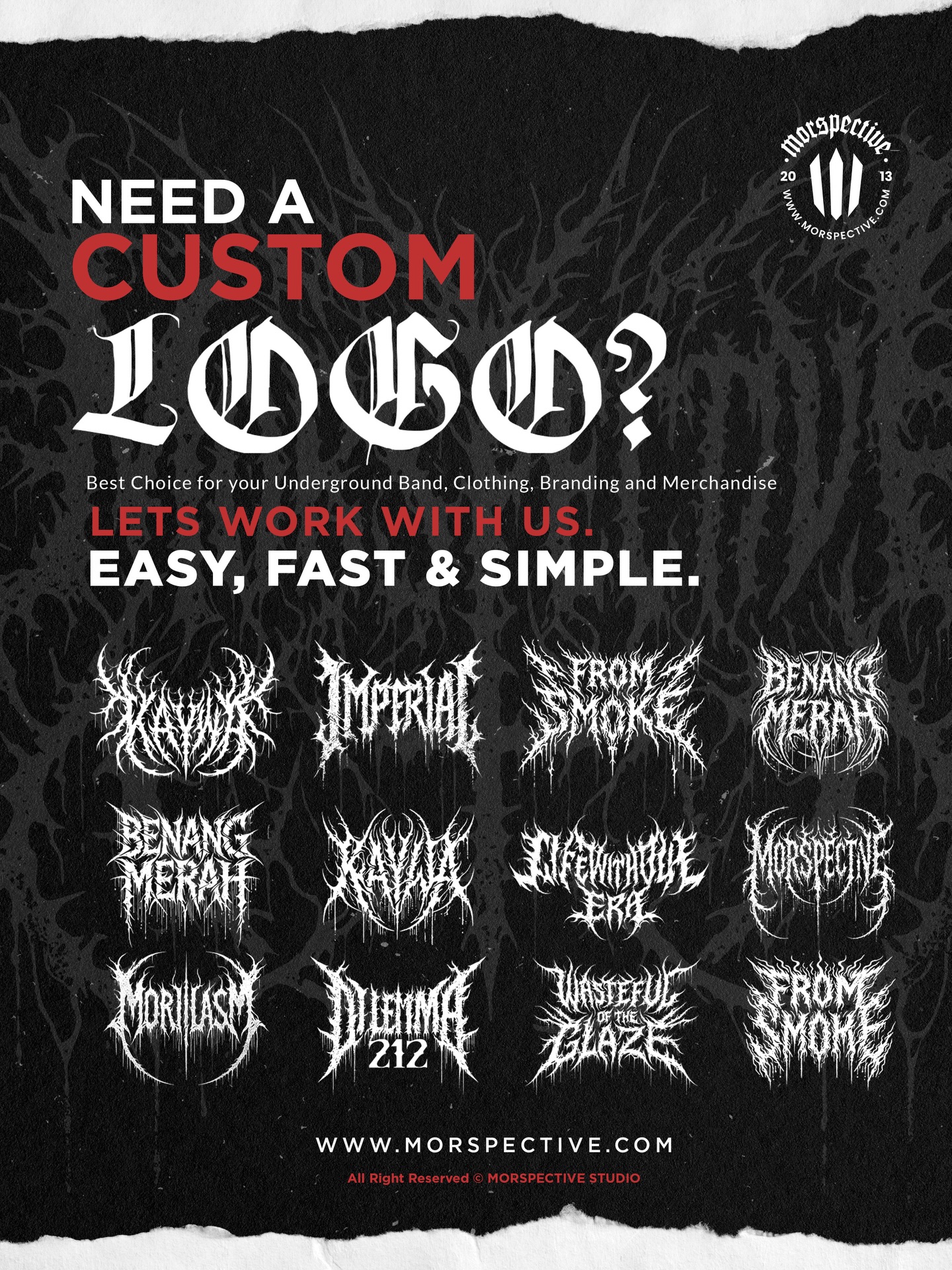CUSTOM METAL LOGO
-Exclusive Logo Design.
-Text & color can request.
-PNG 600 DPI.
-Vector AI and EPS files.
-Another files can request.
Licensed :
-Full Copyright
-Commercial License.
Need Custom Design or Logo?,
Contact me at :
Morspective@gmail.com
Need More Dark Design? visit :
www.morspective.com
#metalfont #deathmetallogo #darkart #horrorart #blackmetalfont customdesign deathmetalfont clothingdesign darklogo darklettering