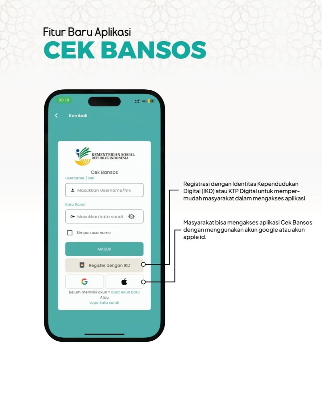 Sering Lupa Password?
Kini Login Aplikasi Cek Bansos bisa dengan akun google atau apple id
Aplikasi Cek Bansos dapat digunakan untuk:
- mengecek status kesejahteraan dan bansos
- mendaftar bansos untuk diri sendiri atau orang lain
- menyanggah bansos yang salah sasaran
- mengusulkan pembaruan DTSEN
Reposted from @pusdatinkesos