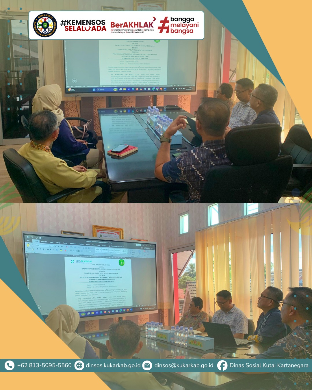 TENGGARONG, 26 Maret 2026 – BPJS Kesehatan bersama Dinas Sosial Kabupaten Kutai Kartanegara (Kukar) menggelar rapat pembahasan Perjanjian Kerja Sama (PKS) terkait pelaksanaan pemberian informasi status kepesertaan Jaminan Kesehatan Nasional (JKN).
.
.
.
.
.
Selengkapnya di : https://dinsos.kukarkab.go.id/index.php/2026/03/26/bpjs-kesehatan-dan-dinsos-kukar-bahas-pks-layanan-informasi-jkn/