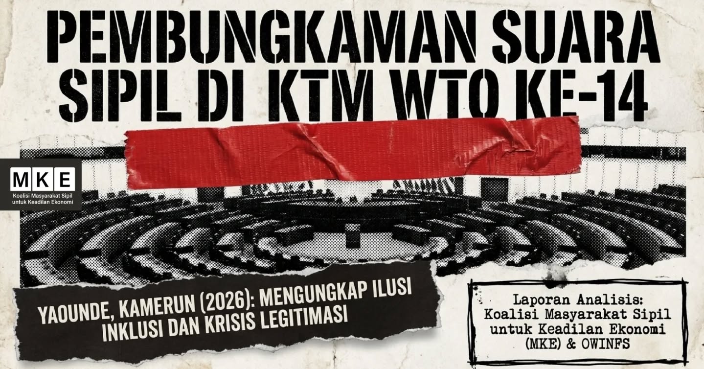 Dinamika dalam KTM WTO ke-14 tidak hanya terjadi antara Negara Utara dan Selatan, tetapi juga adanya represi terhadap masyarakat sipil. Sekretariat WTO telah melarang aksi masyarakat sipil dan bertolak belakang dengan janji mereka di awal untuk memastikan izin aksi damai. Pelarangan aksi ini disampaikan oleh Sekretariat WTO secara mendadak malam sebelum KTM WTO dimulai.
Sekretariat WTO secara sepihak melarang bentuk aksi damai apapun, termasuk membentangkan spanduk, poster, menyuarakan yel-yel/mic-check, dan melakukan aksi diam. Selebaran yang disebar di tiap meja pun kemudian disita
Koalisi Masyarakat Sipil untuk Keadilan Ekonomi (Koalisi MKE) menghadiri KTM WTO bersama dengan jaringan Our World Is Not For Sale (OWINFS) yang telah menghadiri pertemuan menteri sejak awal WTO didirikan.
Dari awal dibentuknya WTO, masyarakat sipil memang telah dikesampingkan partisipasinya dan tidak diizinkan untuk sekadar memantau dari dalam meskipun dalam forum internasional lainnya organisasi masyarakat sipil yang terakreditasi terjamin partisipasinya. Setidaknya pada 2 putaran KTM WTO terakhir, aksi masyarakat sipil semakin direpresi. Padahal masyarakat sipil yang hadir datang dari berbagai negara untuk menyuarakan kepentingan rakyat, termasuk perempuan, petani, dan nelayan skala kecil.
Lebih lengkap bisa baca link berikut ini https://keadilanekonomi.net/2026/03/30/suara-masyarakat-sipil-semakin-direpresi-di-ktm-wto-ke-14/
*Dilaporkan oleh Salsabila Putri Noor Aziziah sebagai Fasilitator Koalisi MKE Dinamika dalam KTM WTO ke-14 tidak hanya terjadi antara Negara Utara dan Selatan, tetapi juga adanya represi terhadap masyarakat sipil. Sekretariat WTO telah melarang aksi masyarakat sipil dan bertolak belakang dengan janji mereka di awal untuk memastikan izin aksi damai. Pelarangan aksi ini disampaikan oleh Sekretariat WTO secara mendadak malam sebelum KTM WTO dimulai.
Sekretariat WTO secara sepihak melarang bentuk aksi damai apapun, termasuk membentangkan spanduk, poster, menyuarakan yel-yel/mic-check, dan melakukan aksi diam. Selebaran yang disebar di tiap meja pun kemudian disita
Koalisi Masyarakat Sipil untuk Keadilan Ekonomi (Koalisi MKE) menghadiri KTM WTO bersama dengan jaringan Our World Is Not For Sale (OWINFS) yang telah menghadiri pertemuan menteri sejak awal WTO didirikan.
Dari awal dibentuknya WTO, masyarakat sipil memang telah dikesampingkan partisipasinya dan tidak diizinkan untuk sekadar memantau dari dalam meskipun dalam forum internasional lainnya organisasi masyarakat sipil yang terakreditasi terjamin partisipasinya. Setidaknya pada 2 putaran KTM WTO terakhir, aksi masyarakat sipil semakin direpresi. Padahal masyarakat sipil yang hadir datang dari berbagai negara untuk menyuarakan kepentingan rakyat, termasuk perempuan, petani, dan nelayan skala kecil.
Lebih lengkap bisa baca link berikut ini https://keadilanekonomi.net/2026/03/30/suara-masyarakat-sipil-semakin-direpresi-di-ktm-wto-ke-14/
*Dilaporkan oleh Salsabila Putri Noor Aziziah sebagai Fasilitator Koalisi MKE