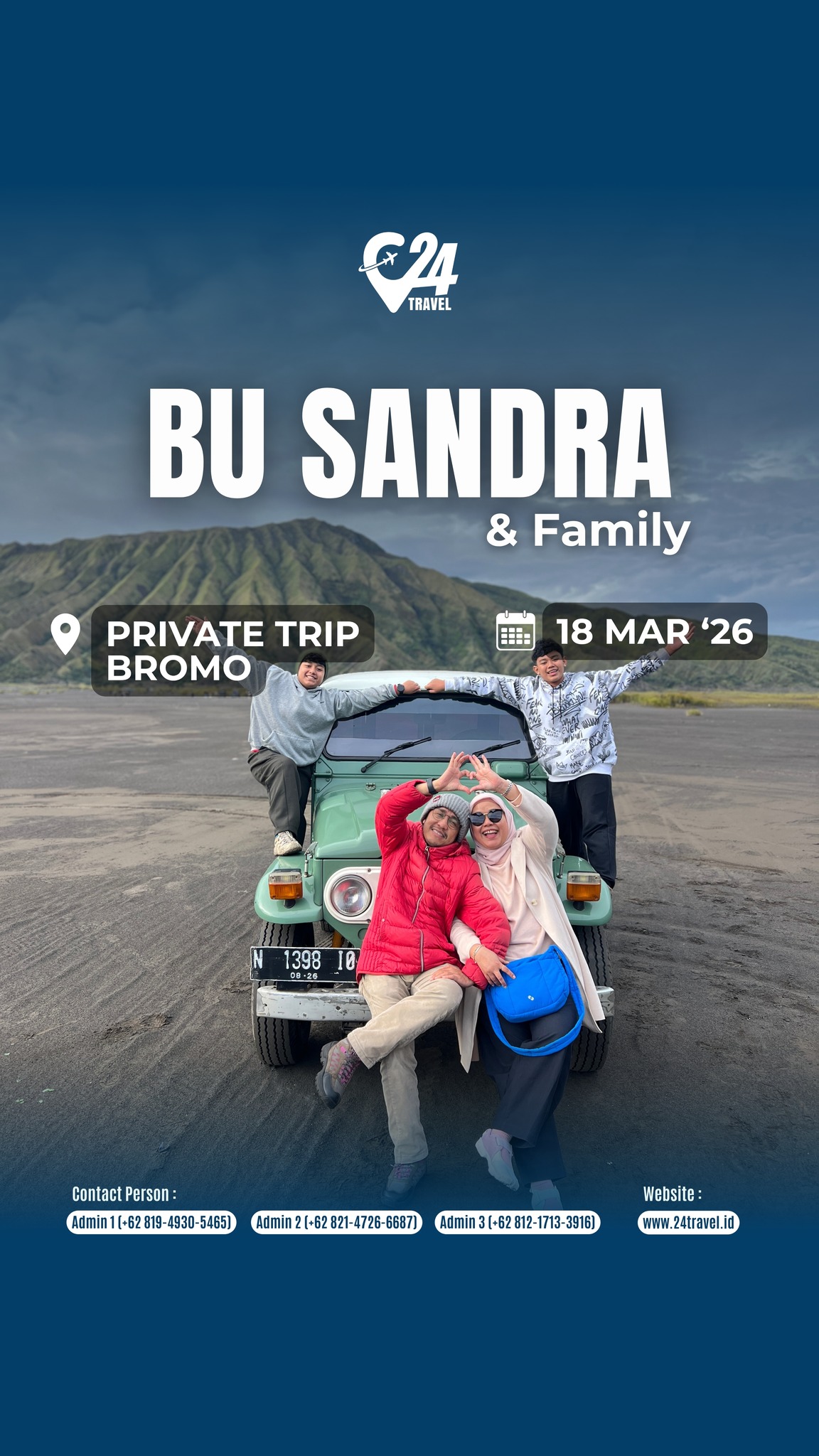 Liburan keluarga selalu jadi waktu terbaik untuk saling mendekatkan diri.
Bromo menghadirkan suasana hangat dengan pemandangan yang memanjakan mata.
Yuk, ciptakan momen kebersamaan yang sederhana tapi penuh arti bersama keluarga tercinta.Info promo & konsultasi klik link bio 👉 @24travel.id#24travel #semuabisaliburan #paketwisatabromo #tripbromo