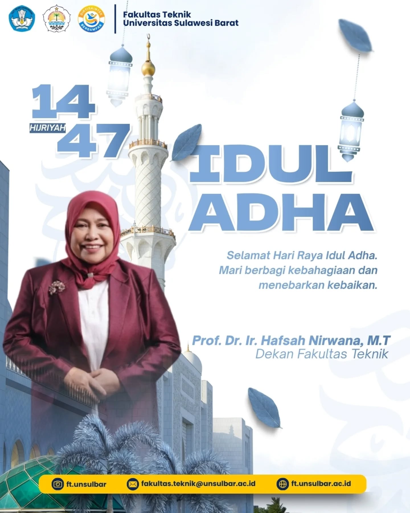 πβ¨ Selamat Hari Raya Idul Adha 1447 Hijriah β¨π
Segenap Civitas Akademika Fakultas Teknik Universitas Sulawesi Barat mengucapkan selamat Hari Raya Idul Adha 1447 H.
Semoga semangat pengorbanan, keikhlasan, dan kepedulian yang diajarkan dalam Idul Adha senantiasa menjadi inspirasi dalam memperkuat nilai kebersamaan, pengabdian, serta kontribusi yang bermanfaat bagi masyarakat.
Mari menjadikan momentum ini untuk mempererat silaturahmi dan menebarkan kebaikan kepada sesama. π€
#ftunsulbar #fakultasteknik #unsulbar πβ¨ Selamat Hari Raya Idul Adha 1447 Hijriah β¨π
Segenap Civitas Akademika Fakultas Teknik Universitas Sulawesi Barat mengucapkan selamat Hari Raya Idul Adha 1447 H.
Semoga semangat pengorbanan, keikhlasan, dan kepedulian yang diajarkan dalam Idul Adha senantiasa menjadi inspirasi dalam memperkuat nilai kebersamaan, pengabdian, serta kontribusi yang bermanfaat bagi masyarakat.
Mari menjadikan momentum ini untuk mempererat silaturahmi dan menebarkan kebaikan kepada sesama. π€
#ftunsulbar #fakultasteknik #unsulbar