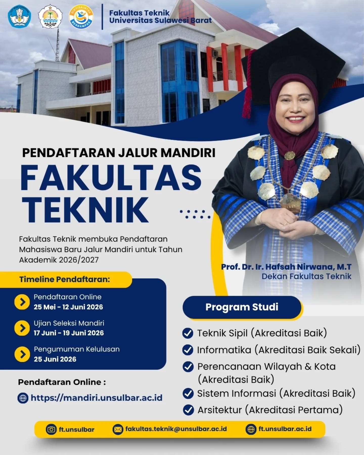 π Pendaftaran Jalur Mandiri Fakultas Teknik Universitas Sulawesi Barat Tahun Akademik 2026/2027 Resmi Dibuka
Fakultas Teknik Universitas Sulawesi Barat kembali membuka kesempatan bagi calon mahasiswa baru untuk bergabung dan berkembang bersama melalui jalur mandiri.
π Timeline Pendaftaran:
β’ Pendaftaran Online : 25 Mei β 12 Juni 2026
β’ Ujian Seleksi Mandiri : 17 Juni β 19 Juni 2026
β’ Pengumuman Kelulusan : 25 Juni 2026
π Pendaftaran online melalui:
mandiri.unsulbar.ac.id
Mari bergabung bersama Fakultas Teknik Universitas Sulawesi Barat dan wujudkan masa depan yang lebih baik melalui pendidikan tinggi yang berkualitas.
#ftunsulbar #fakultasteknik #unsulbar π Pendaftaran Jalur Mandiri Fakultas Teknik Universitas Sulawesi Barat Tahun Akademik 2026/2027 Resmi Dibuka
Fakultas Teknik Universitas Sulawesi Barat kembali membuka kesempatan bagi calon mahasiswa baru untuk bergabung dan berkembang bersama melalui jalur mandiri.
π Timeline Pendaftaran:
β’ Pendaftaran Online : 25 Mei β 12 Juni 2026
β’ Ujian Seleksi Mandiri : 17 Juni β 19 Juni 2026
β’ Pengumuman Kelulusan : 25 Juni 2026
π Pendaftaran online melalui:
mandiri.unsulbar.ac.id
Mari bergabung bersama Fakultas Teknik Universitas Sulawesi Barat dan wujudkan masa depan yang lebih baik melalui pendidikan tinggi yang berkualitas.
#ftunsulbar #fakultasteknik #unsulbar