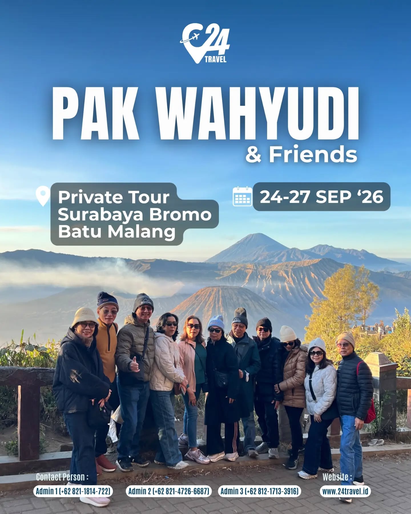 Momen kebersamaan Pak Wahyudi and friends dalam perjalanan Surabaya, Bromo, Batu, hingga Malang bersama 24Travel.
Info promo & konsultasi klik link bio @24travel.id
#24travel #semuabisaliburan #tripjawatimur #wisatabromo