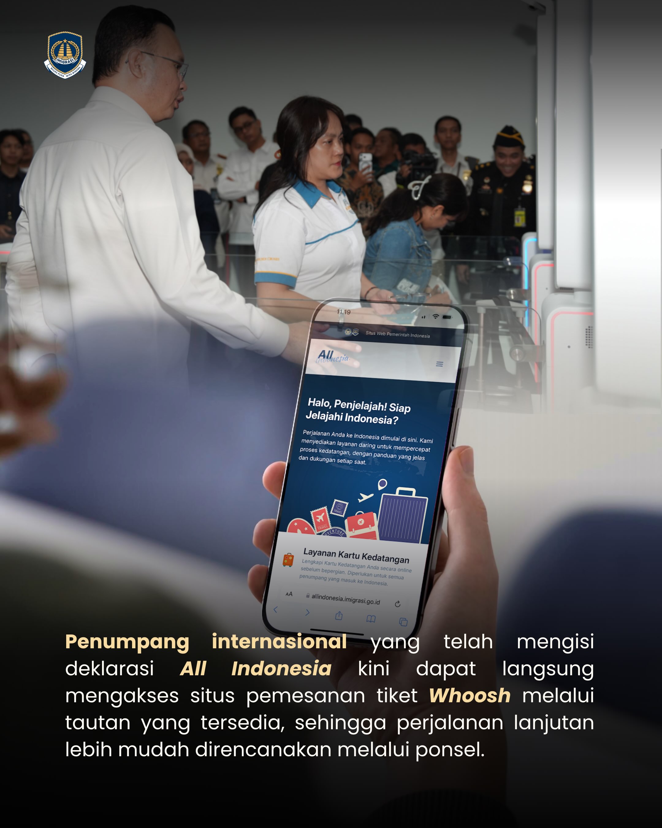 Cukup melalui ponsel, Saobat Mido bisa merencanakan perjalanan lanjutan dengan lebih mudah! Mulai 16 Oktober 2026, penumpang internasional yang sudah mengisi deklarasi All Indonesia kini dapat mengakses tautan pemesanan tiket Whoosh dengan lebih praktis.
Kolaborasi Direktorat Jenderal Imigrasi bersama KCIC ini juga meliputi pertukaran data penumpang guna mendukung pengawasan keimigrasian, dengan tetap mengutamakan keamanan serta perlindungan data pribadi.
Inovasi ini menjadi langkah nyata untuk menghadirkan perjalanan yang lebih mudah, cepat, dan nyaman, dari kedatangan internasional hingga menuju destinasi berikutnya.
repost: @ditjen_imigrasi
#kemenimipas #ditjen_imigrasi #reelsinstagram #paspor #hendarsammarantoko